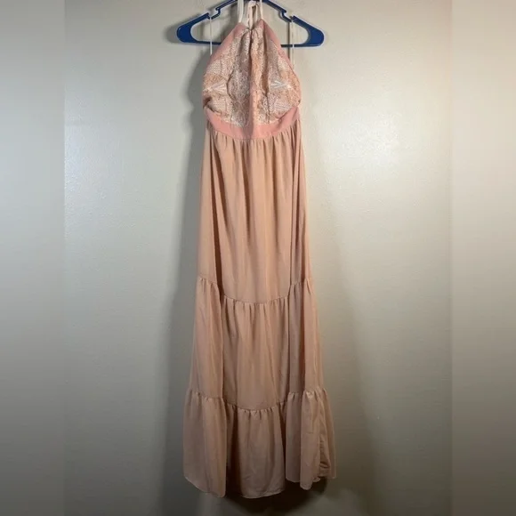 Anthropologie Champagne & Strawberry Halter Maxi Flowy Dress Size Large - Picture 5 of 10